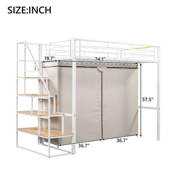dimension image slide 0 of 2, White Twin Size Metal Loft Bed with Wardrobe and Storage Shelves for Kids, Boys and Girls, Bedroom