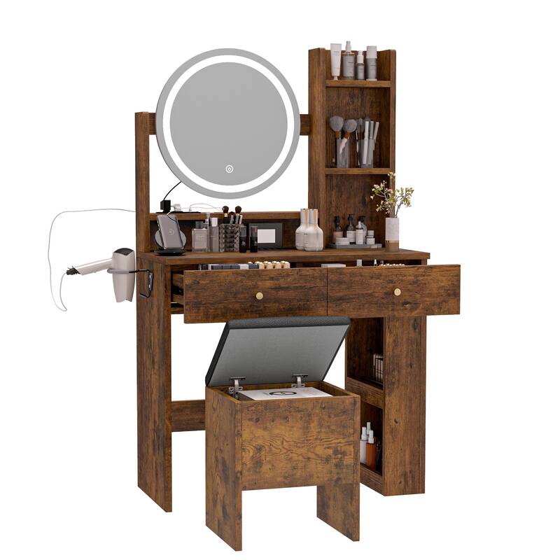 Moasis Makeup Vanity Set with Storage Stool and Round LED Touch Screen Mirror & Charger Station