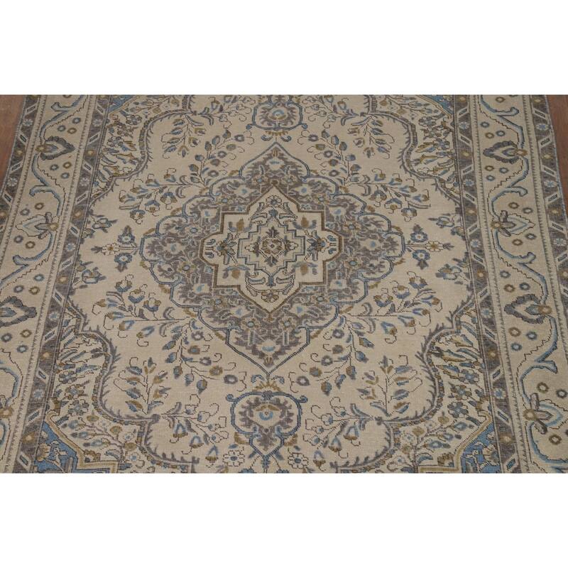 Tabriz Persian Area Rug Traditional Beige Handmade Wool Carpet - 6'9"x 9'1"