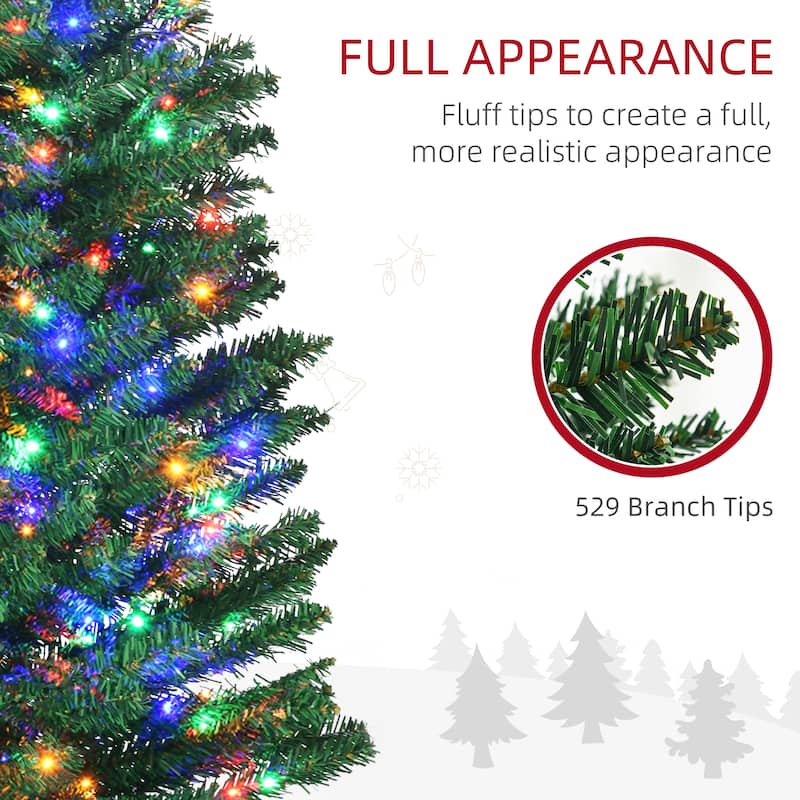 HOMCOM 7ft Tall Pencil Prelit Artificial Christmas Tree Holiday Décor with 499 Branches, 180 Colorful LED Lights, Steel Base