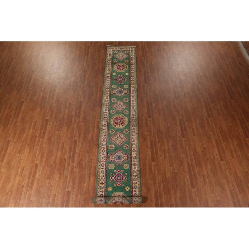 Traditional Green Kazak Runner Rug Hand-Knotted Wool Carpet - 2'8" x 16'4"