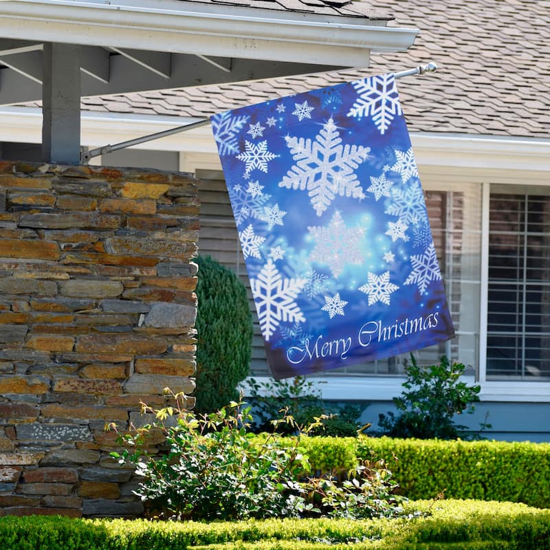 Merry Christmas and Snowflakes Blue and White House Flag 28" x 40" - 28" x 40"