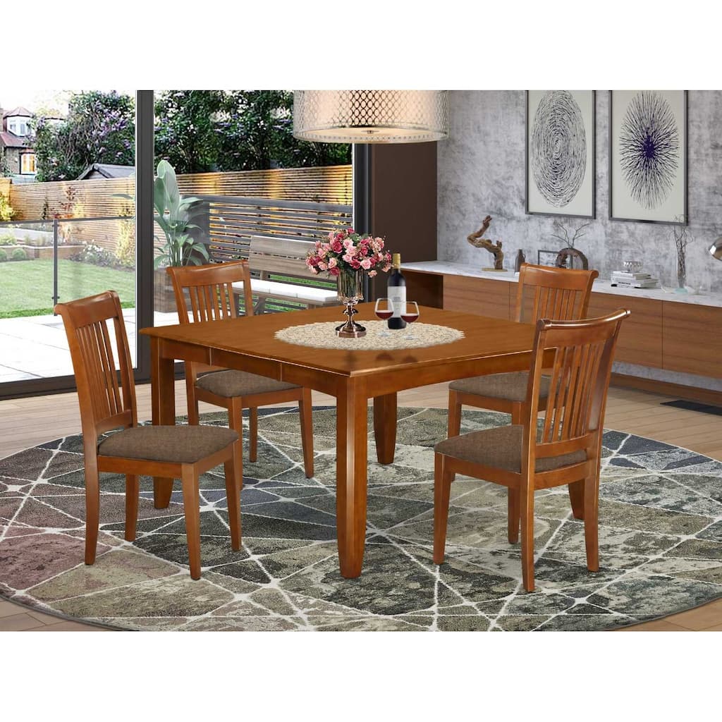 HomeStock 5-Piece Square Saddle Brown Finish Solid Wood Top Dining Table with 4 Chairs with Lattice Back