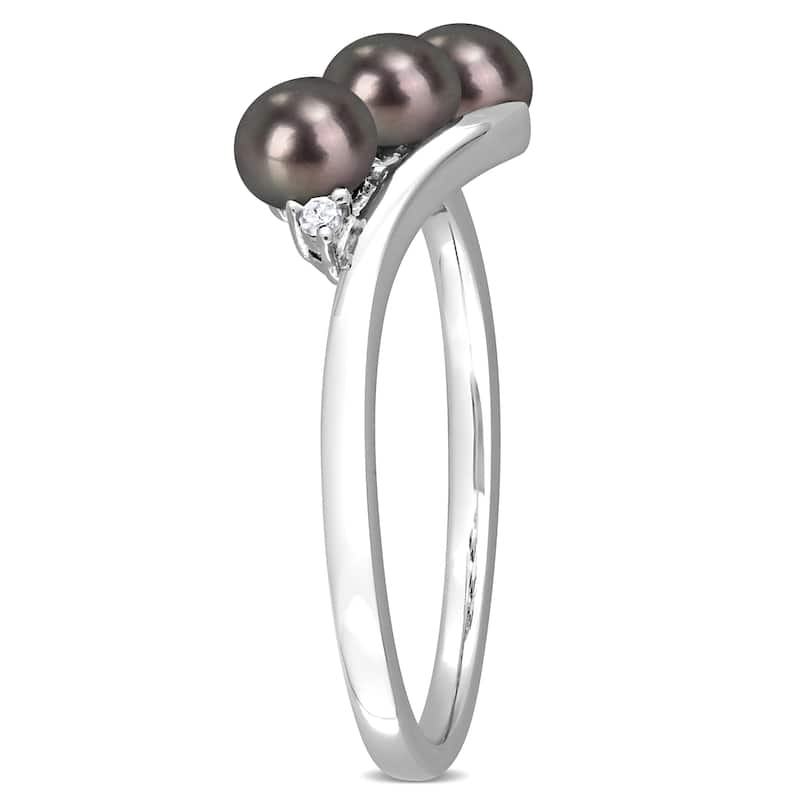 Miadora 3.5-4mm Black Cultured Freshwater Pearl and Diamond Accent Triple Pearl Bypass Ring in Sterling Silver
