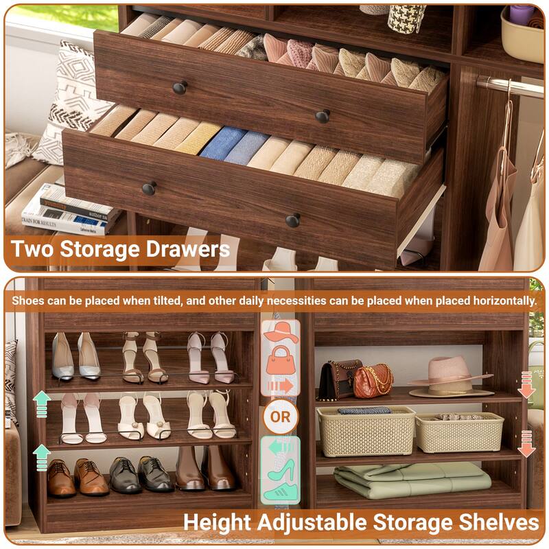 Grimm 5FT Small Closet System with Drawers, 60" Closet Organizer System with Reversible Hanging Shelving