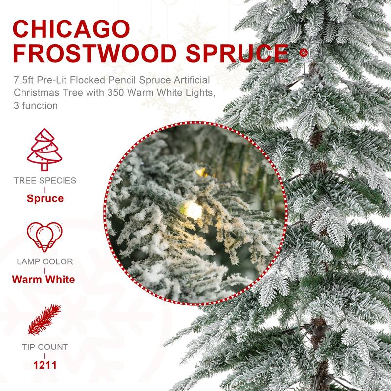 Glitzhome Pre-Lit Flocked Pencil Spruce Artificial Christmas Tree with Warm White Lights