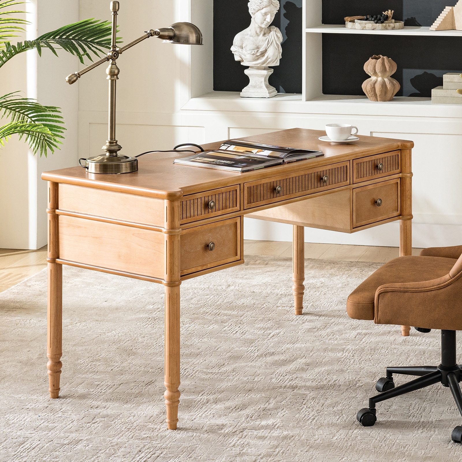 Derk 55''W Transitional Fluted Simple Assembly Desk with Charging Station and Cable Management by HULALA HOME