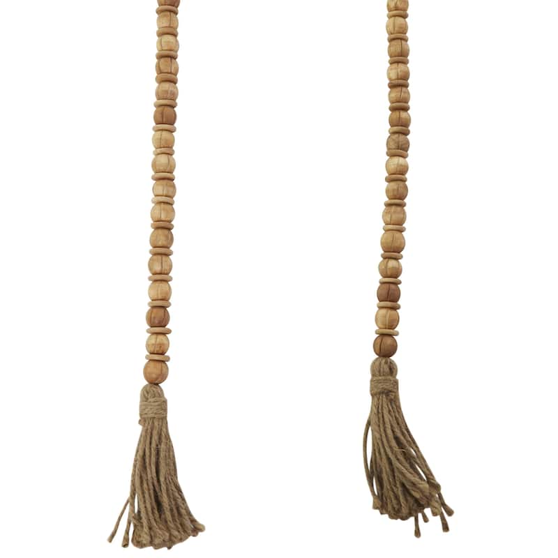 Mango Wood Handmade Round Long Carved Beaded Garland with Tassel - Brown - Roche River Decor