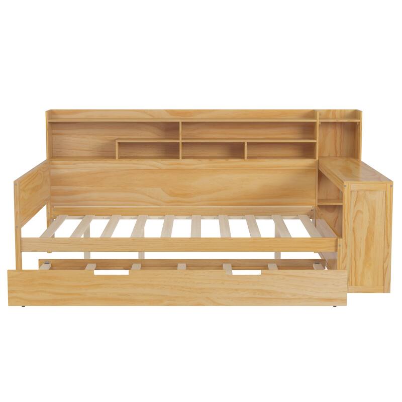 Wooden Daybed Platform Bed with Recessed Desk Storage Shelves and Twin Size Trundle Bed Under Bed for Compact Spaces, Bedroom