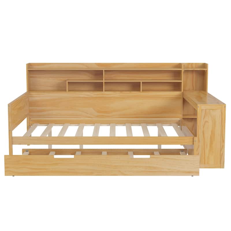 Wooden Full Size Daybed with Storage Shelves, Multi-functional Bed with Twin Size Trundle Bed and Study Desk, Natural