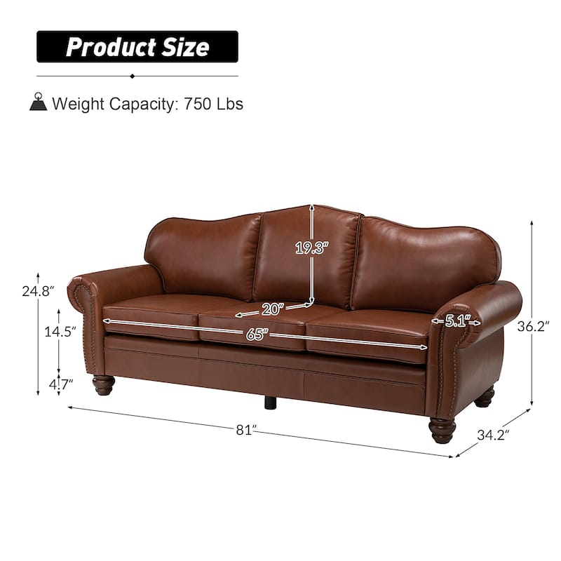 Balvino 81" Wide Transitional Genuine Leather Rolled Arm Sofa with Nailhead Trim and Removable Cushions