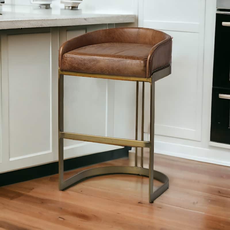 Brown Leather Gold Metal Bar Stool with Footrest, Low Back and 29 inches Seat Height - 20.5” x 19.75” x 32.75” (D x W x H)