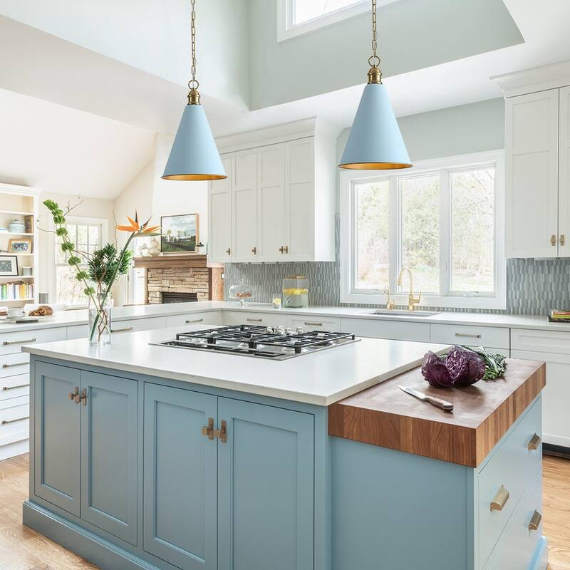 Scandinavian Aged Brass Light Blue Iron Conical Pendant Light