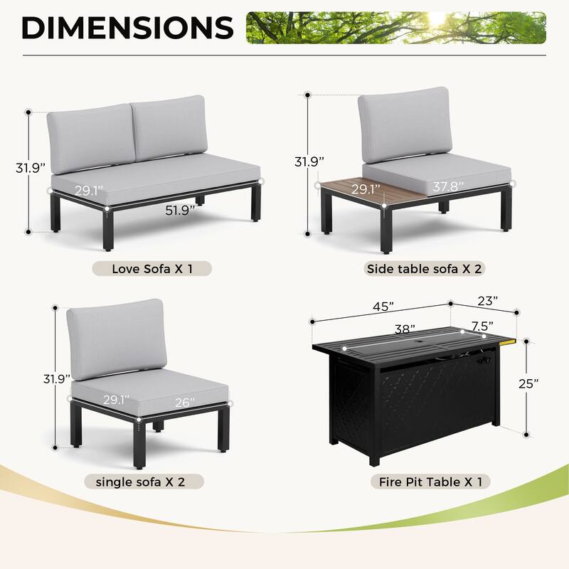 10-Seat Patio Sectional sofa set, E-coating Steel frame Conversation Sets with Built-in Side Table , Grey Cushion