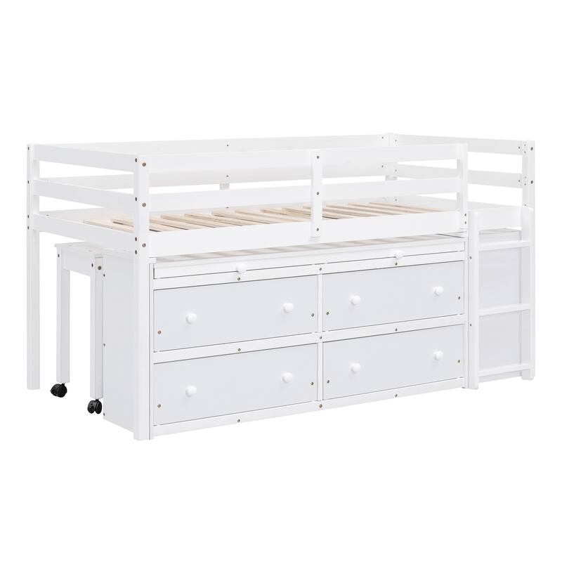 Twin/Full Size Low Loft Bed with Retractable Writing Desk and 4 Drawers, Wooden Loft Bed Frame w/ Lateral Portable Desk & Ladder