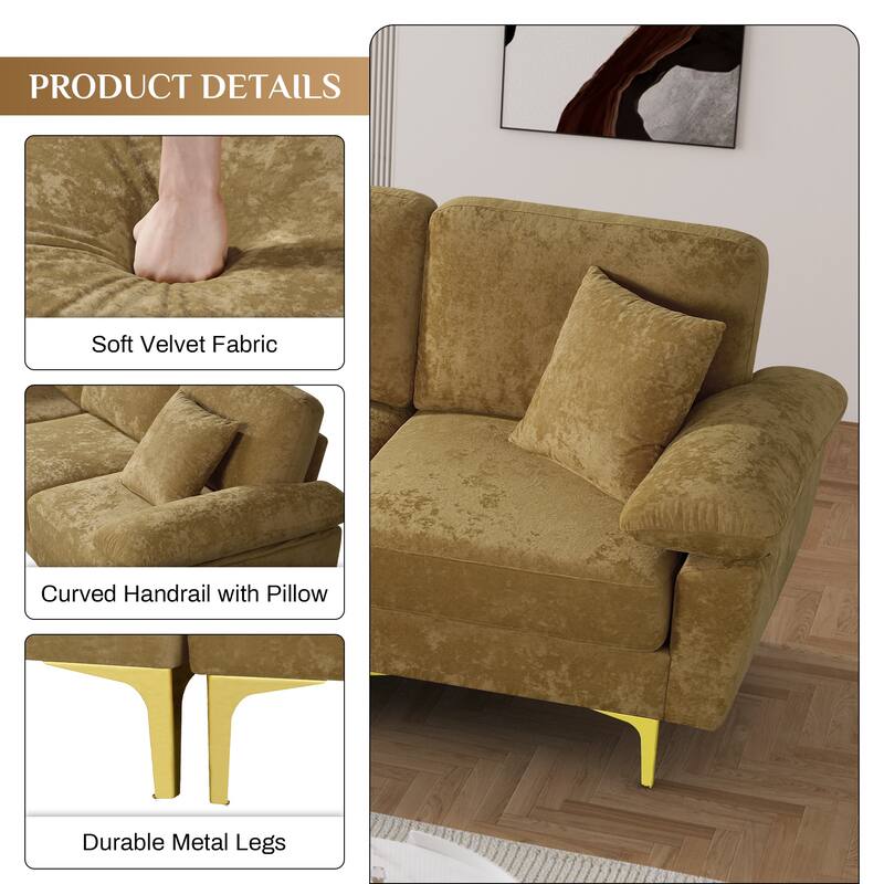 Ouyessir 2-Pieces Upholstered Velvet Sectional Sofa with 2 Pillows & Ottoman