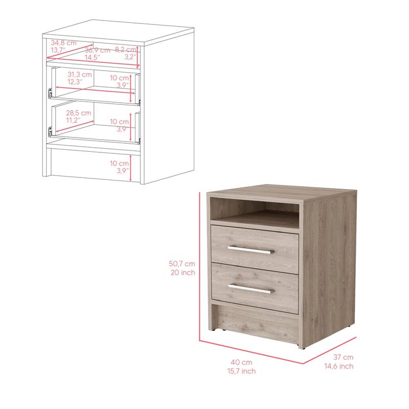 19.9" Light Gray Nightstand with 2 Drawers and Open Shelf, Smooth Metal Hardware