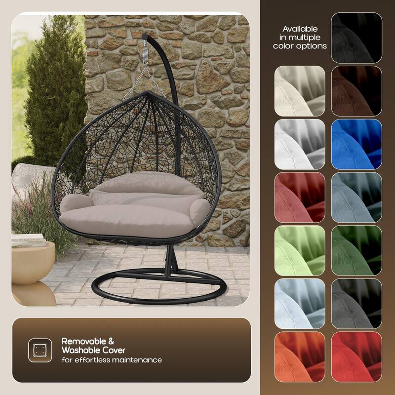 2-Person Outdoor Hanging Egg Chair with Teardrop Frame, Weather-Resistant Cotton Cushioned Seat for Patio and Indoor Use