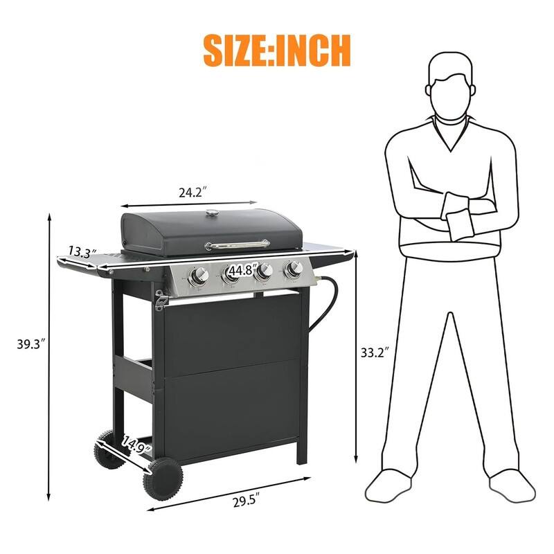 4-Burner Stainless Steel Propane Grill – 34K BTU, 2 Shelves, Wheels, Lid & Bottle Opener – Outdoor/Camping