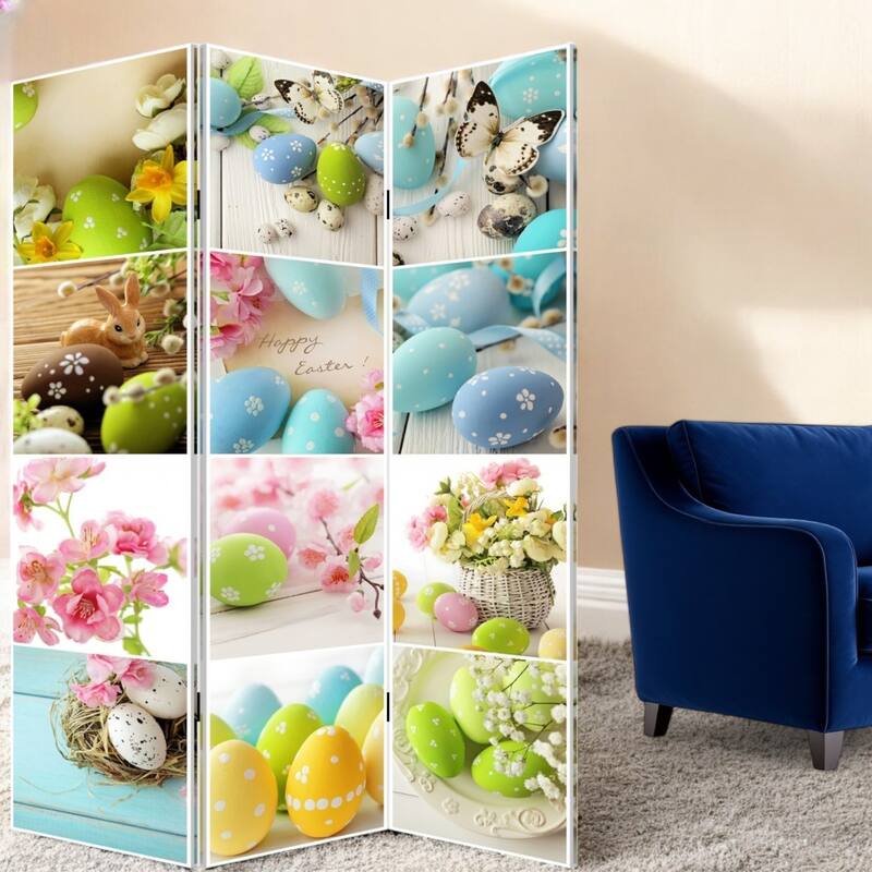 HomeRoots 72" Yellow and White Canvas Folding Three Panel Screen Room Divider - 48' X '72' X '1 - 48' X '72' X '1