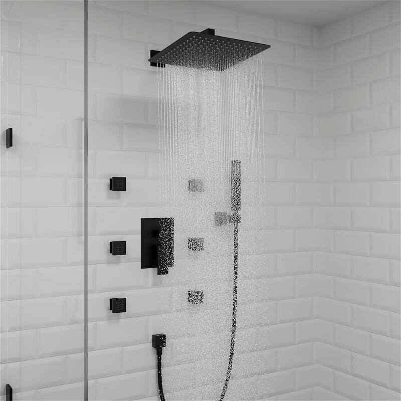 12" Wall Mount Rainfall 3 Way Thermostatic Faucet Shower System with Slide Bar, 6 Jets