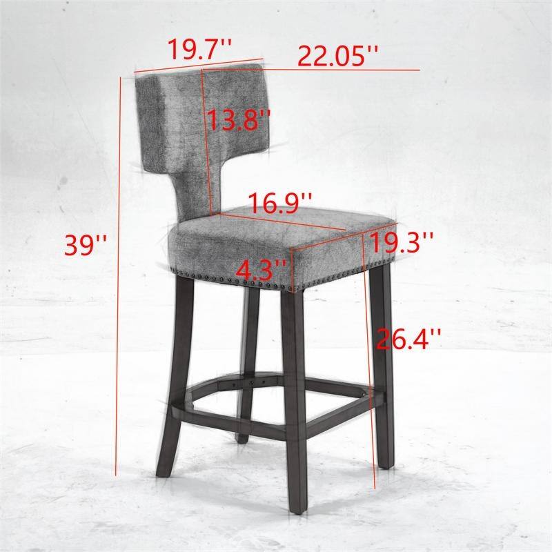 Counter Height Bar Stools Set of 2, Farmhouse Linen Fabric Upholstered Accent Chair Curved Backrest with Copper Nails around