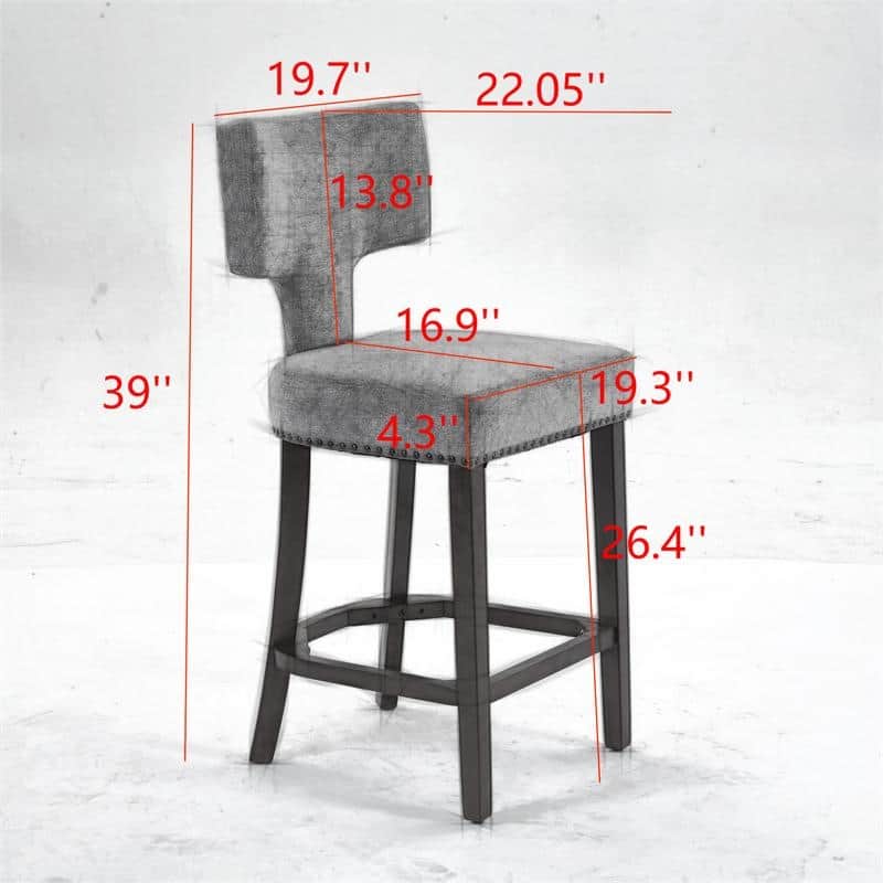 Modern Counter Height Upholstered Bar Stools with Copper Nails, Set of 2