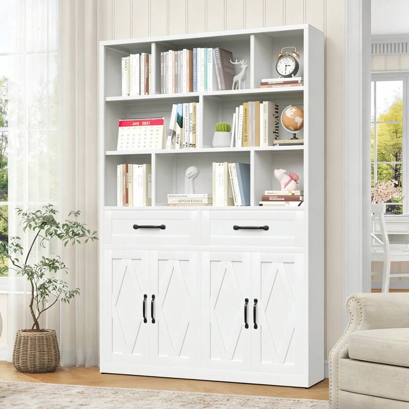 71" Tall Metal Bookcase with 2 Doors, 2 Drawers and Open Shelves - White