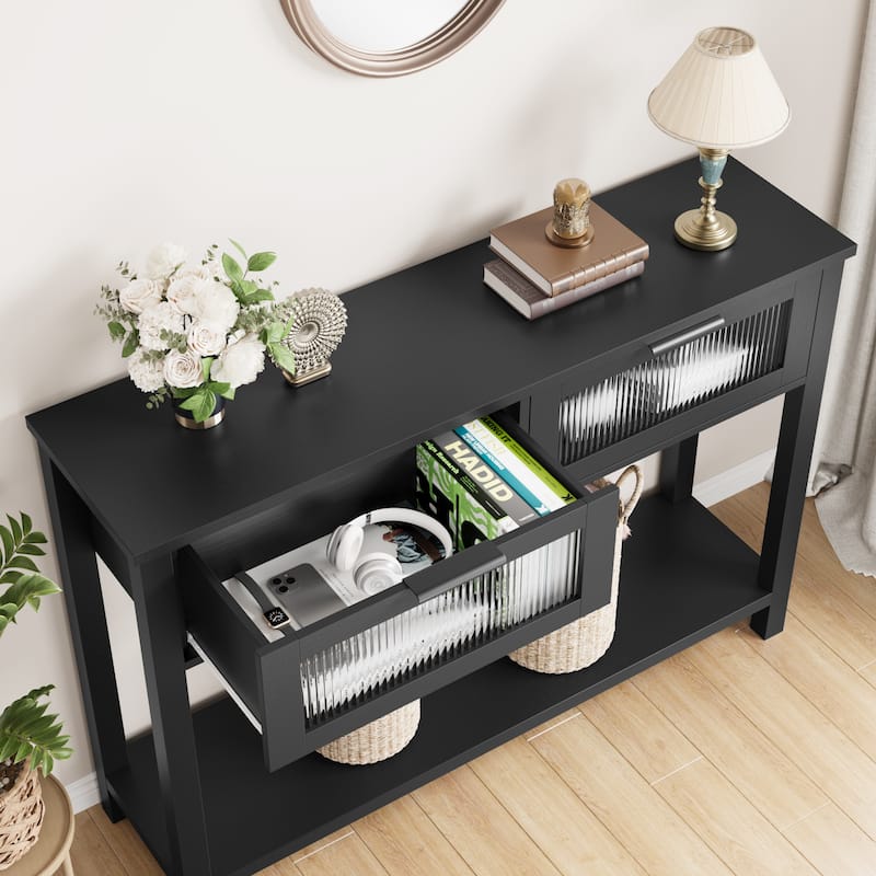 Entryway Table, Wood Console Table with 2 Glass Drawers
