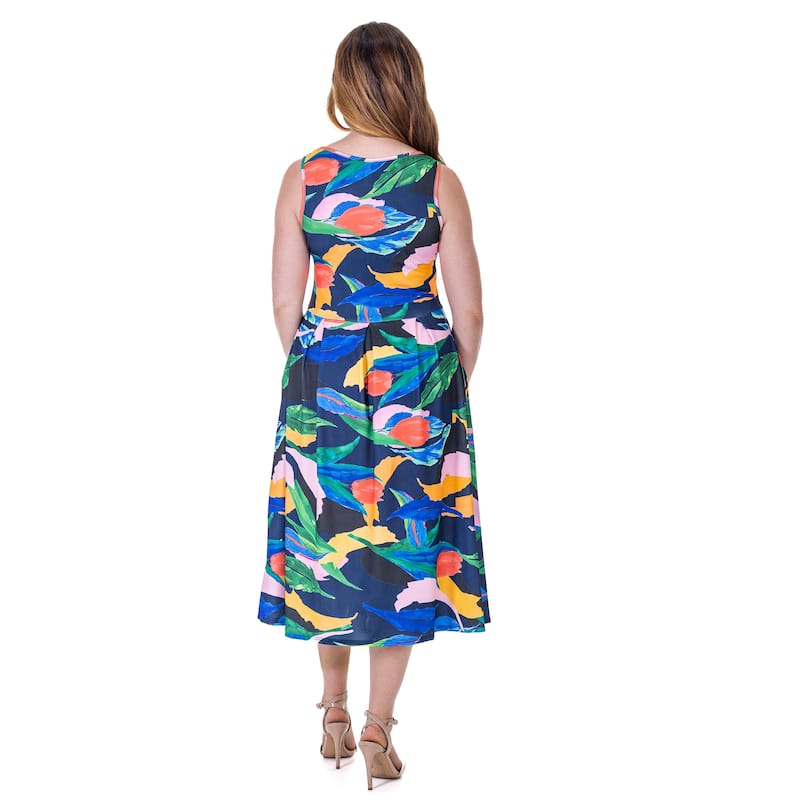 24seven Comfort Apparel Womens Midi Length Multicolor Sleeveless Pleated Pocket Dress