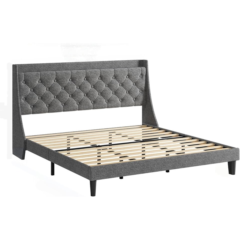 King Upholstered Platform Bed with Button Tufted Wingback Storage Headboard, Wood Slats, Charging Station, Noise-Free