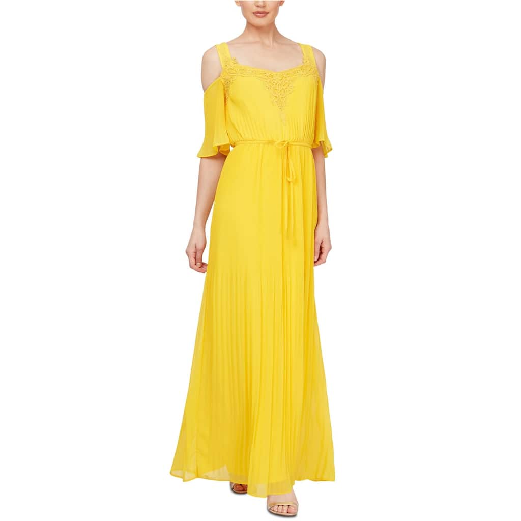 SLNY Womens Embroidered Cold Shoulder Maxi Dress, Yellow, 10