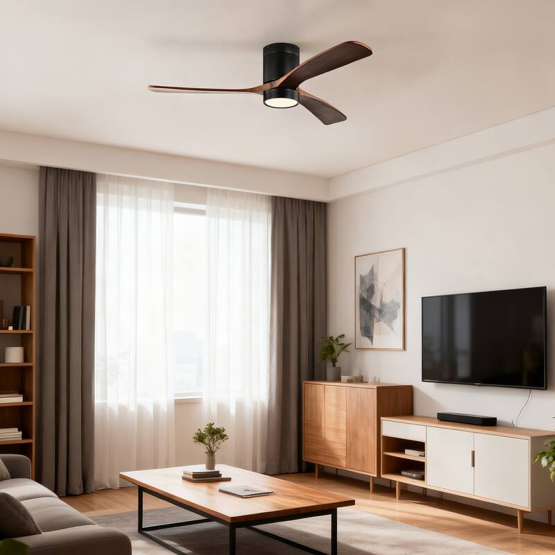 Matte Black 52 in. Indoor Flush Mount Ceiling Fan with 3 Solid Wood Blades (Dark Walnut), 6-Speed Remote Control 3CCT LED Light