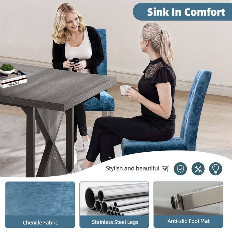Set of 2 Modern Dining Chairs with Plush Velvet Upholstery & Sturdy Stainless Steel Legs - Deep Blue