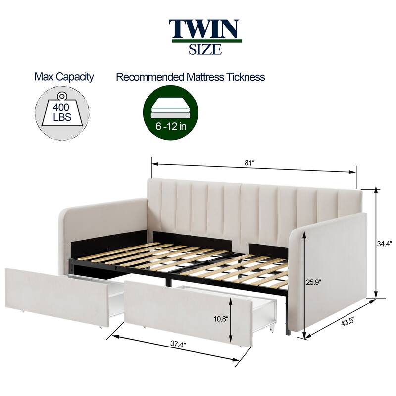 Twin Upholstered Daybed with 2 Storage Drawers, Ivory Velvet Boucle Daybed with Ribbed Tufted Backrest, Modern Design