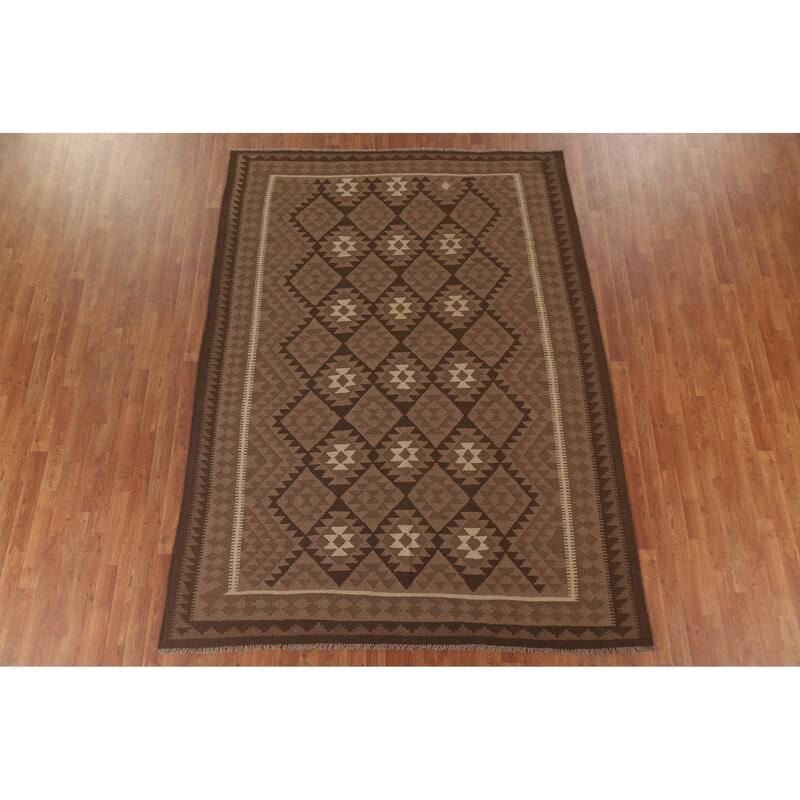 Hand Woven Oriental 100% Wool Carpet Southwestern Geometric Brown Kilim Area Rug - 9' 4'' X 6' 11''