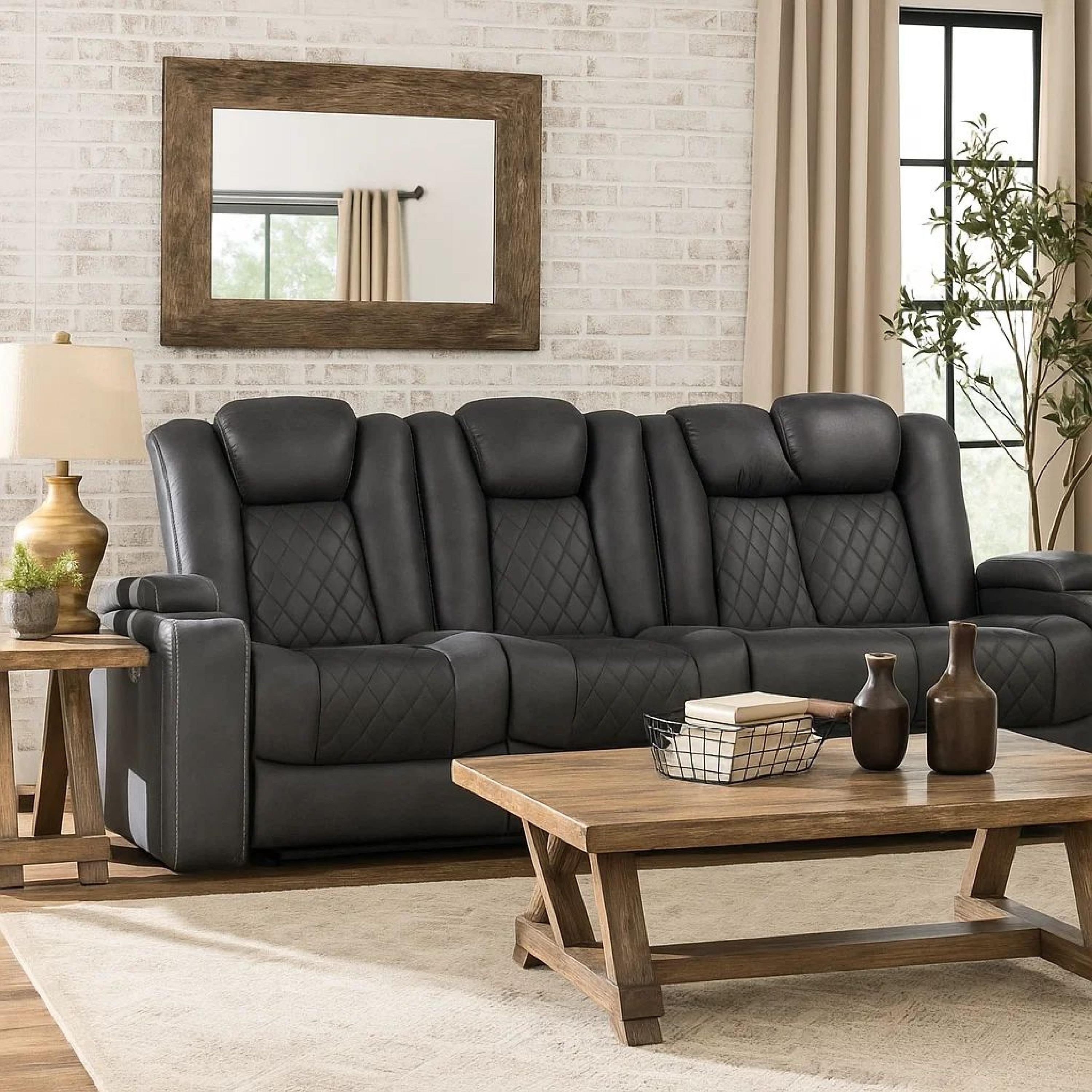 Elva 83 Inch Power Reclining Sofa, Storage Console, Blue Breathable Leather