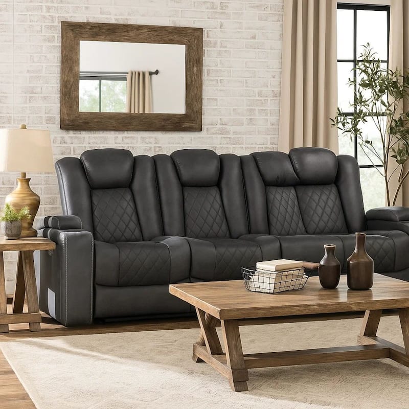 Elva 83 Inch Power Reclining Sofa, Storage Console, Blue Breathable Leather