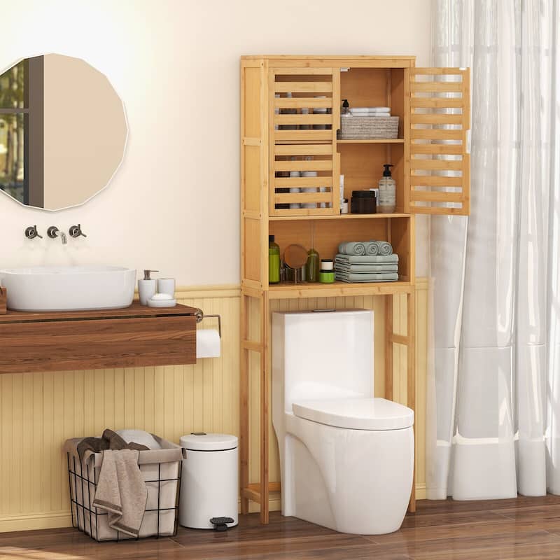Space-Saving Wicker Bathroom Organizer with Closed Cabinet and Open Shelving for Toiletries - 24.5" x 9" x 67" (L x W x H)