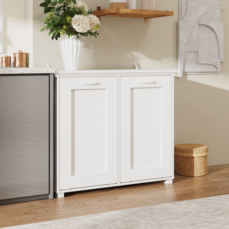 Ozone Deodorizing Trash Bin Cabinet Trash Cabinet, Wooden Kitchen Garbage Bin Storage Cabinet with Hidden Bins, White