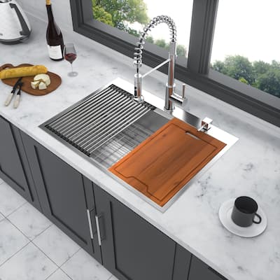 Drop-in Topmount Single Bowl 16 Gauge Stainless Steel Ledge Workstation Kitchen Sink