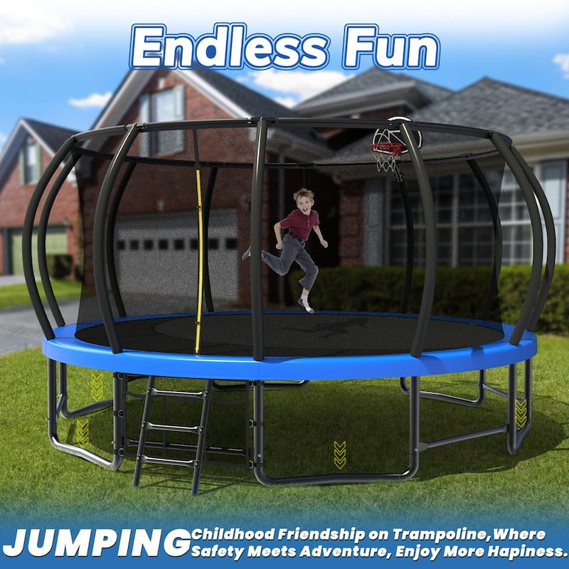 16FT Outdoor Trampoline for Kids and Adults, Pumpkin Trampolines with Curved Poles,Heavy Duty Trampoline