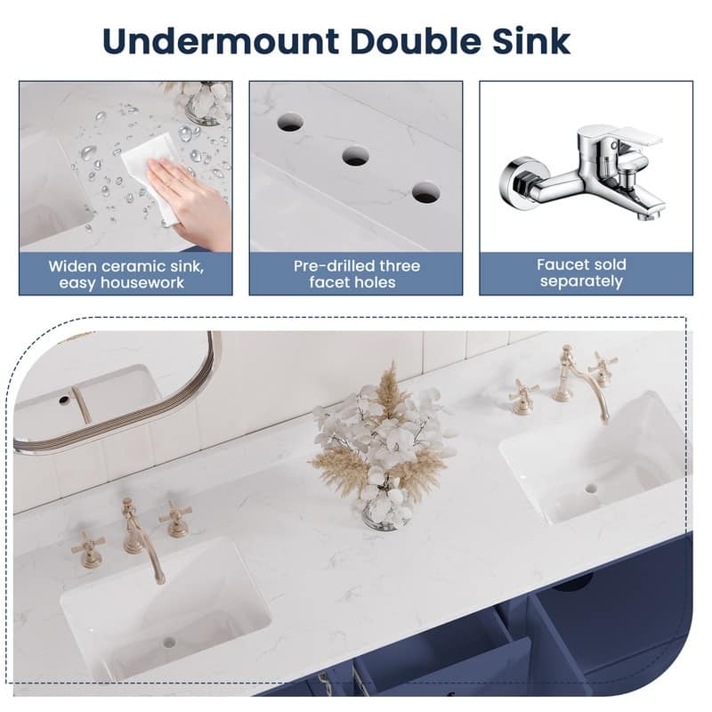 72-Inch Elegant Solid Wood Bathroom Vanity with Ceramic Top, Double Sinks, and Ample Storage