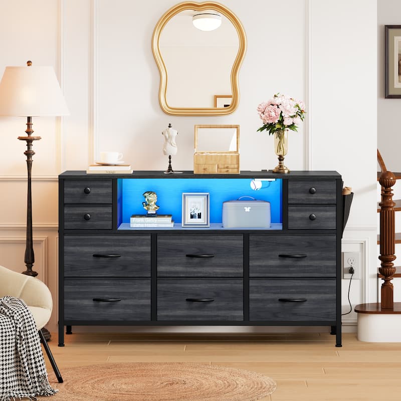Moasis 10-drawer Dresser Media Console with Charging Station, RGB Lights, Side Pockets & Hooks