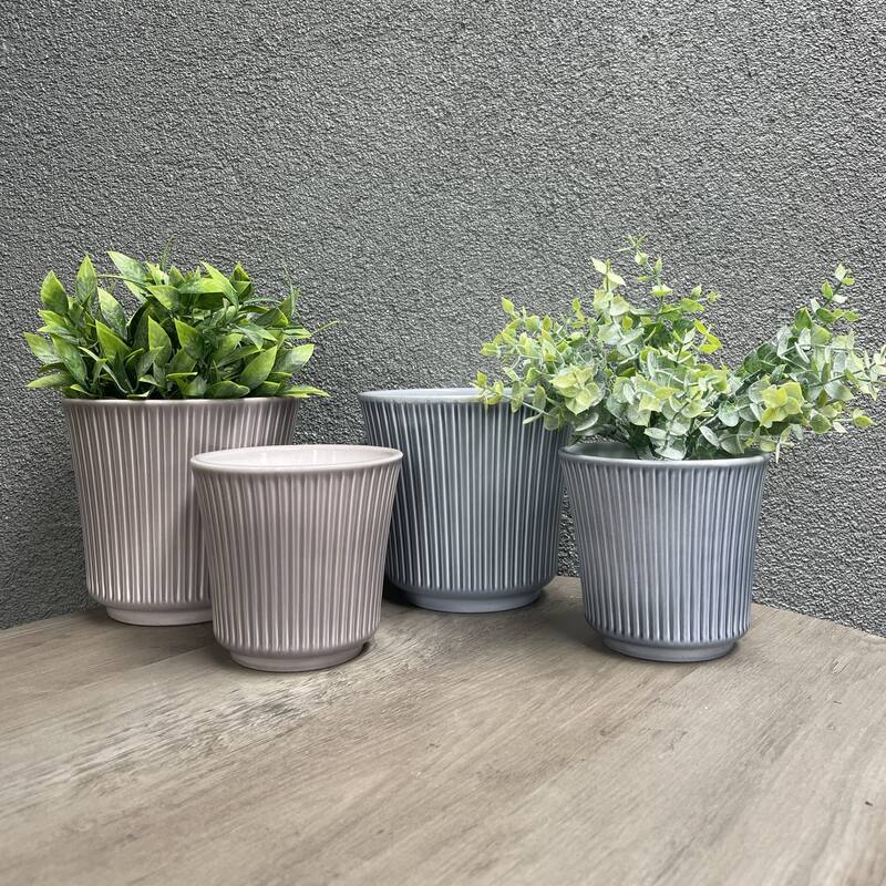 6.3" & 4.7" Dia. Indoor Ceramic Plant Pot Set - Blue-Gray & Warm-Gray - Ribbed Design - 4 Piece Set - 4 Piece Set