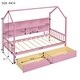 preview thumbnail 15 of 30, Twin Size House Bed with 2 Drawers & Storage Shelf, Wooden Low Platform Bedframe Daybed with Roof for Kids, Teens, Girls, Boys