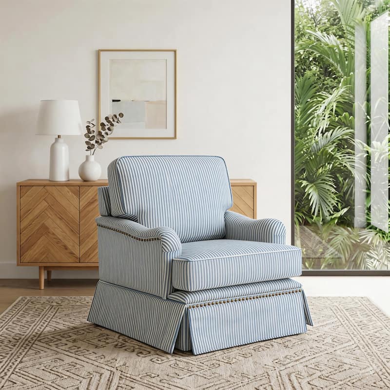 Chenille Swivel Accent Chair with Nailhead Trim Skirt - Striped Blue