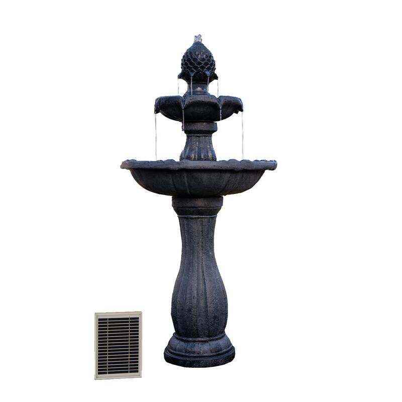 44" H Fiberglass/Resin 2-Tier Solar Water Fountain w/ Solar Panel and Auto-Shut Off Pump, Two Tiered Birdbath Fountain - Black