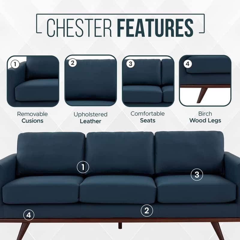 Chester 3 Seater Mid-Century Modern Leather or Mesh Sofa Couch With Birch Wood Frame Armchair for Living Room Bedroom and Office