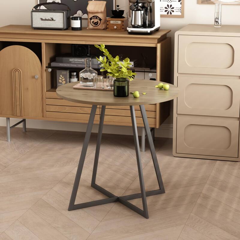 Anmytek Round Dining Table Modern Wood Top and Metal Frame Brown Industrial Kitchen Table